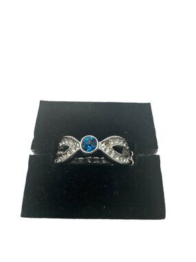 Silver Tone Infinity Ring With Blue Gemstone & Clear Crystals